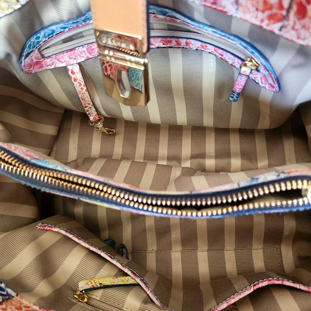 Brahmin Elisa Leather Satchel Bag Snake Print Rainbow Beige Long Strap Charm - Picture 8 of 16